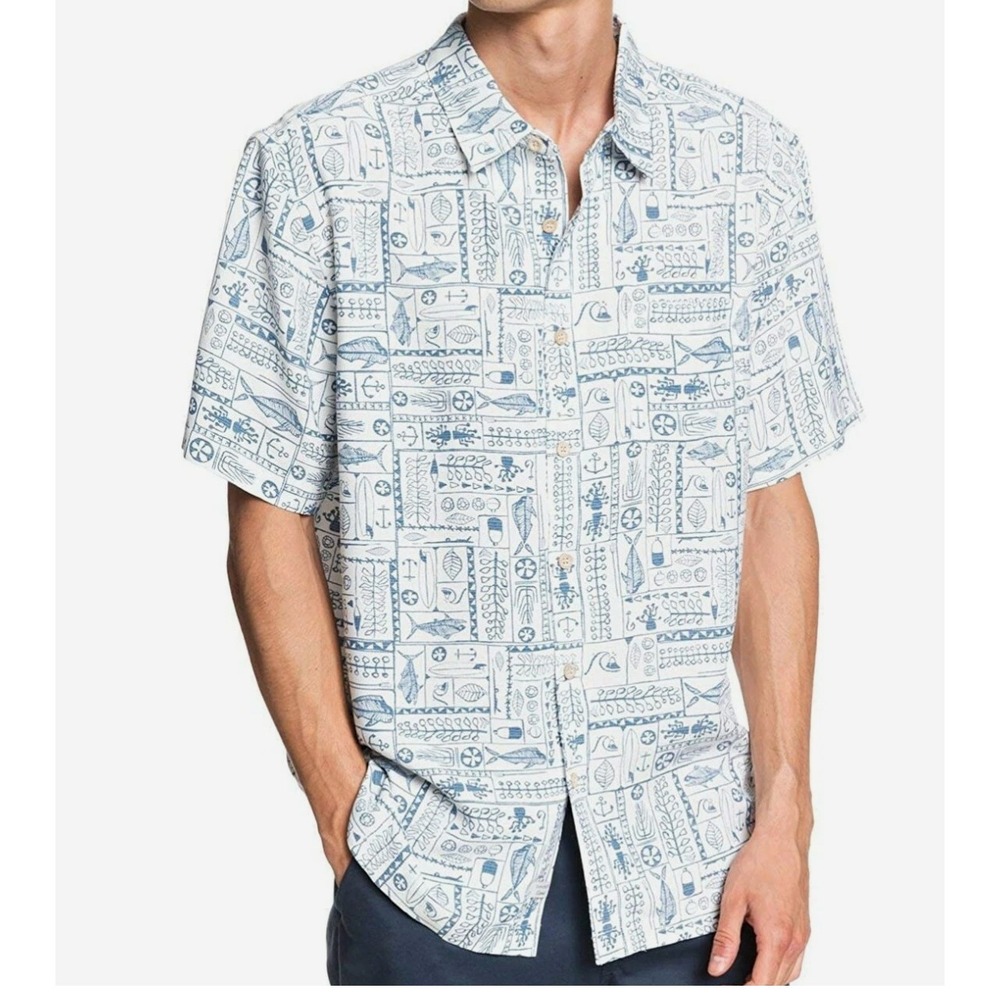 Quiksilver Waterman Shirt Nautical Block Print Fish Anchor XXL Comfort Fit Blue
